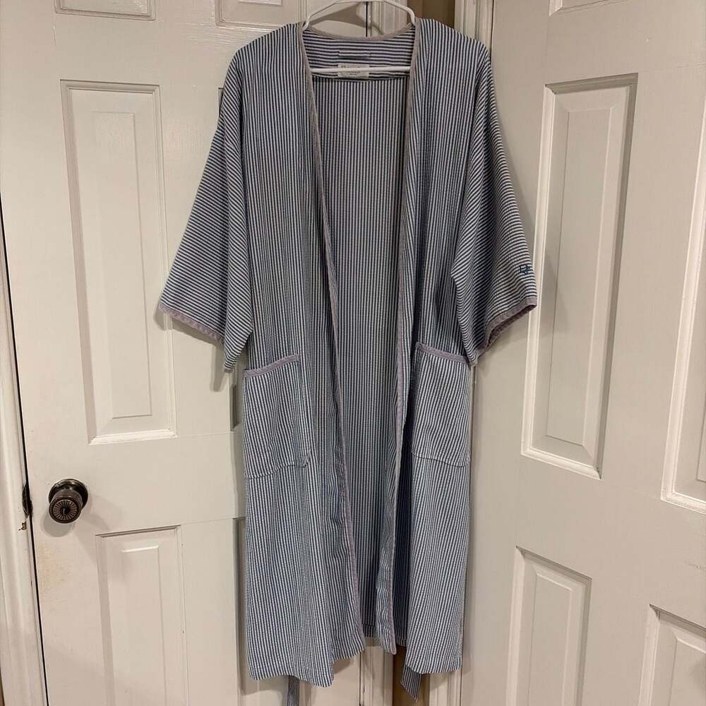 Vintage Christian Dior Monsieur Blue White Striped Seersucker Robe One Size